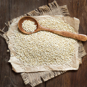 Earthborn Elements White Quinoa packaging label highlighting gluten-free and vegan features.