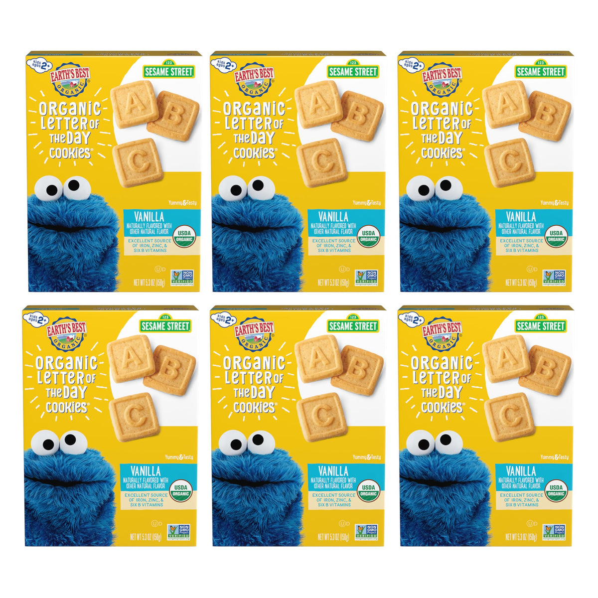 Earth's Best Vanilla Letter of the Day cookies six-pack box for on-the-go.