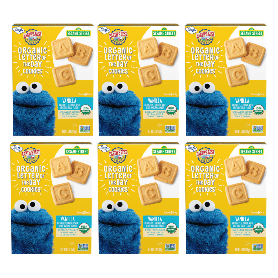 Earth's Best Vanilla Letter of the Day cookies six-pack box for on-the-go.