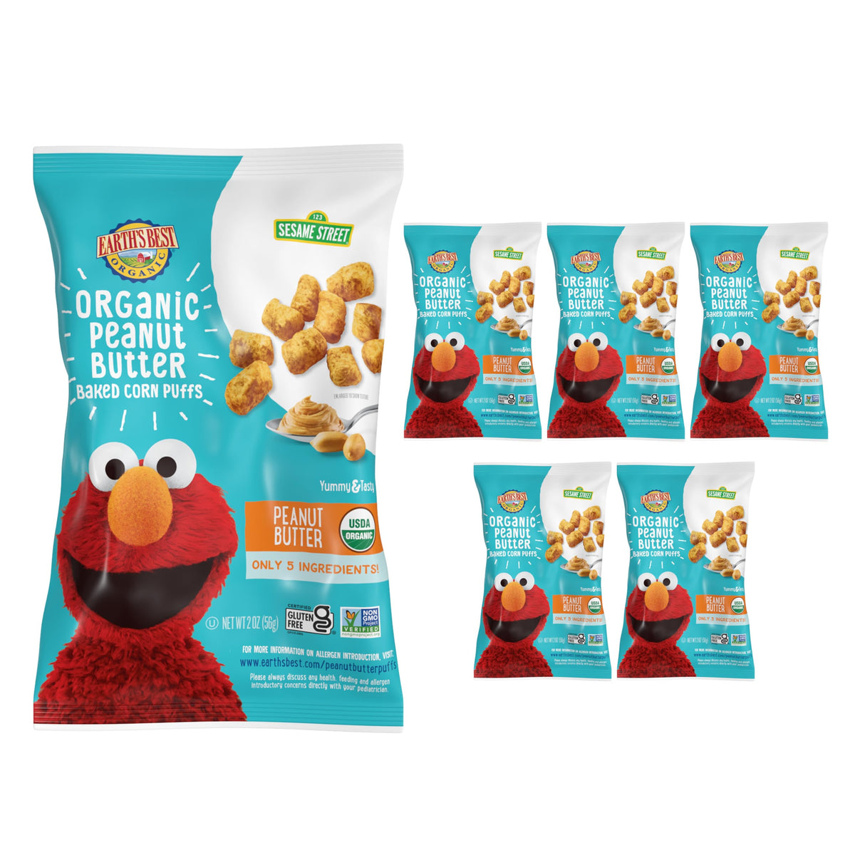 Earth's Best Peanut Butter Puffs pack-6 front shot, wholesome organic snack option.