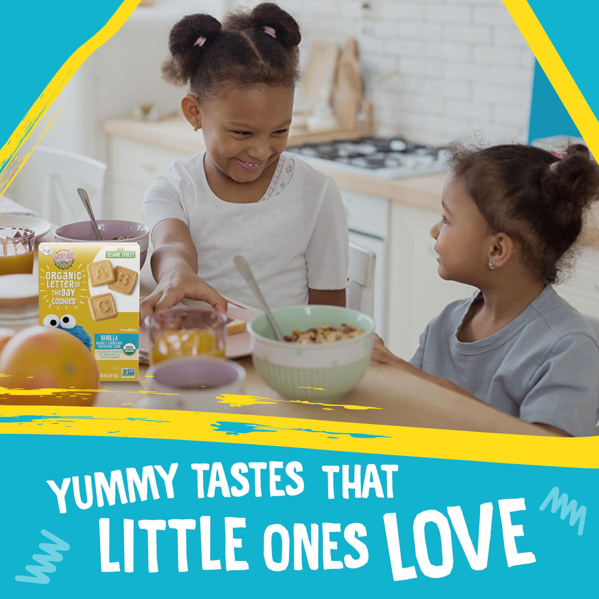 A toddler enjoys Earth's Best vanilla cookies with yogurt.