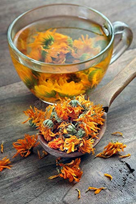 EarthWise Aromatics calendula tea steeping with vibrant petals ready.