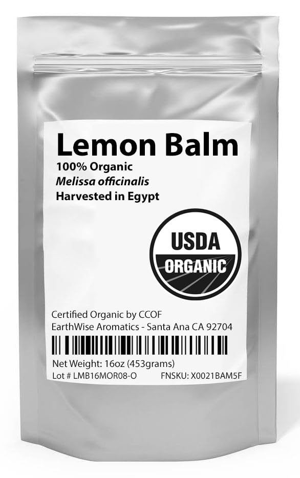 EarthWise Aromatics Lemon Balm packaging, 16 oz bag preserves freshness.
