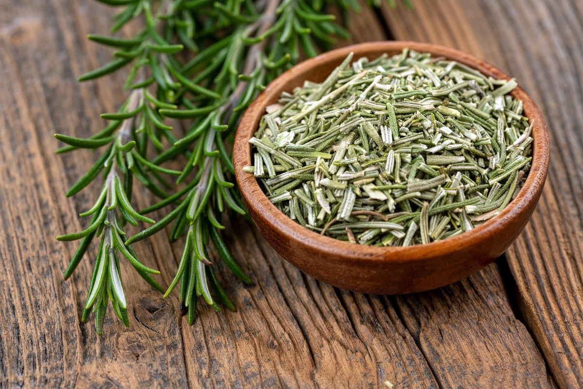 EarthWise Aromatics Organic Rosemary Leaves closeup displays piney aroma ideal for seasoning meats and vegetables.
