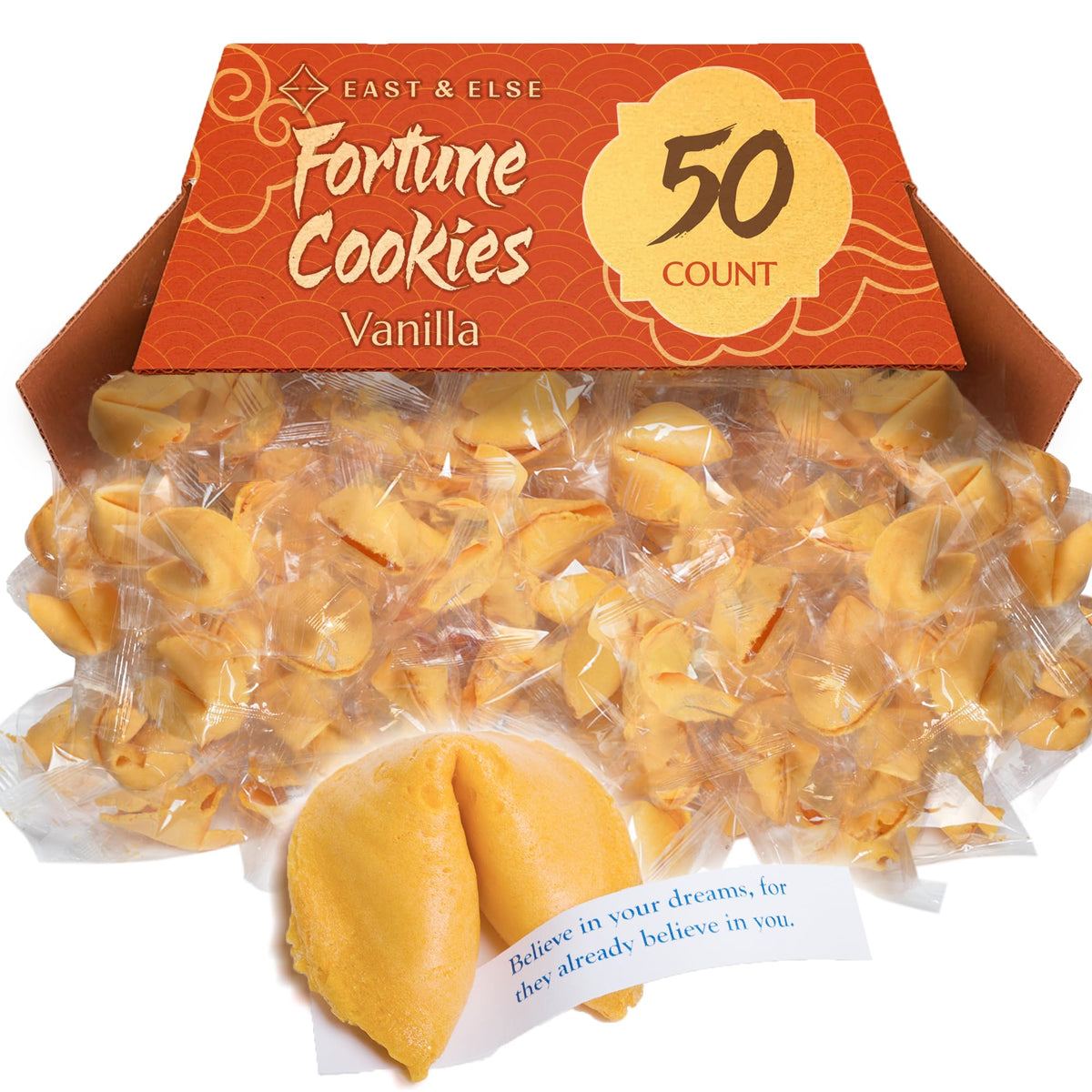 East and Else vanilla fortune cookies in a ready-to-serve pack for gatherings.