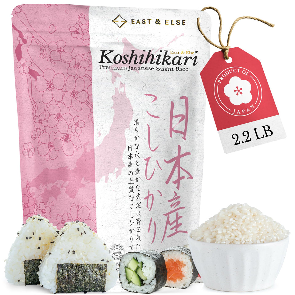 East and Else Koshihikari sushi rice packaging in a premium 2.2 lb bag for freshness.