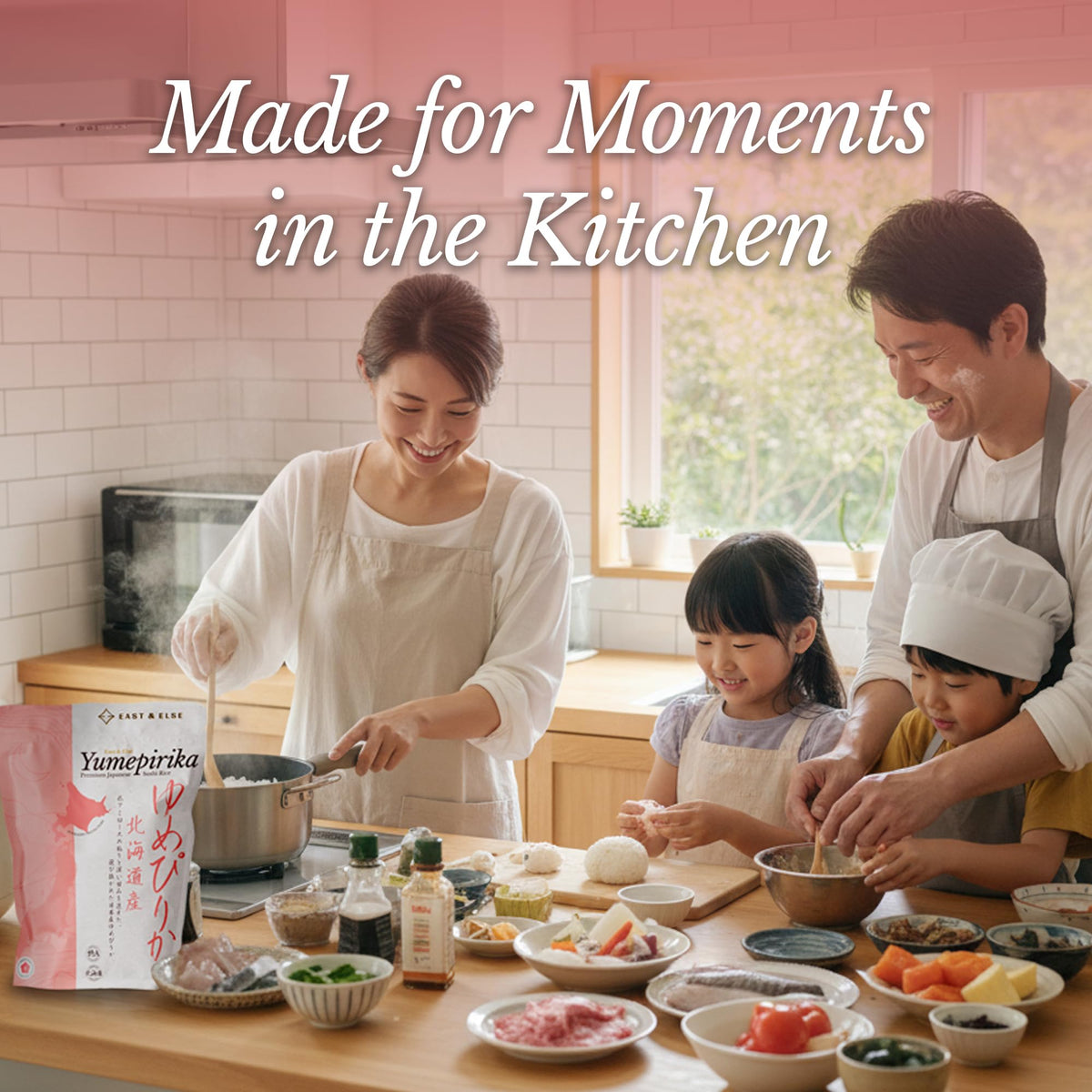 Kitchen counter with Yumepirika bag inviting home-cooked meals