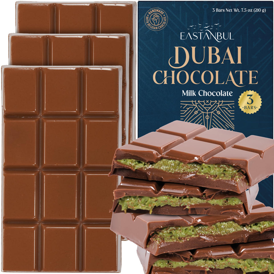 Eastanbul Dubai Pistachio chocolate bar close-up showing pistachio cream and silky chocolate.