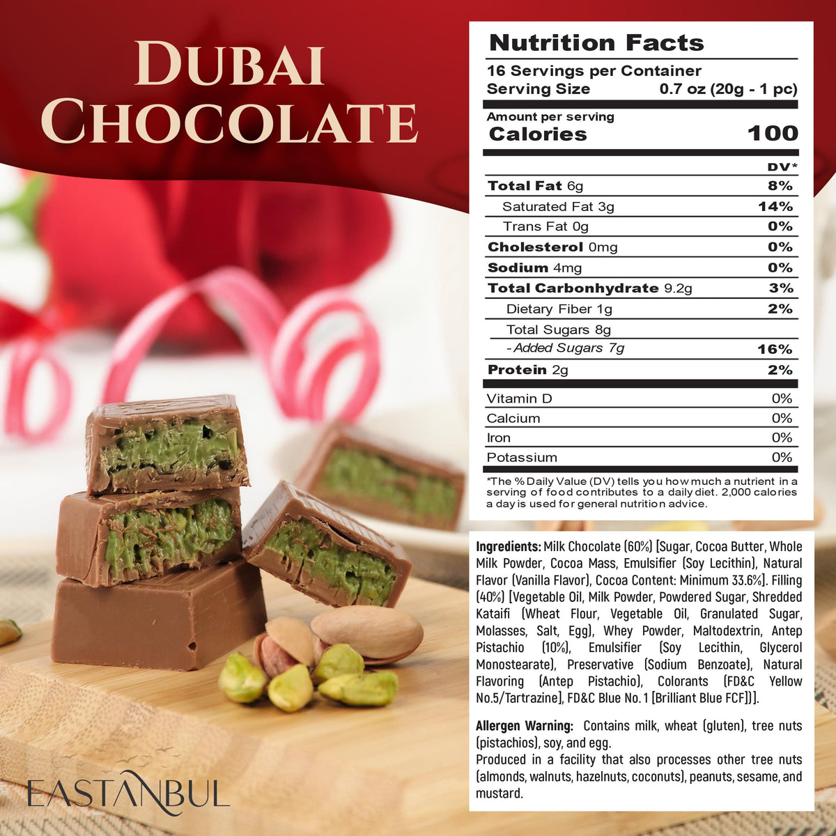 Eastanbul Pistachio Chocolate Bar closeup showing creamy chocolate and pistachio paste.
