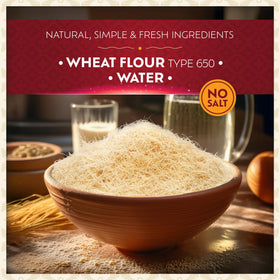 Eastanbul kataifi fine-strands closeup shows ultra-thin threads for even syrup absorption.