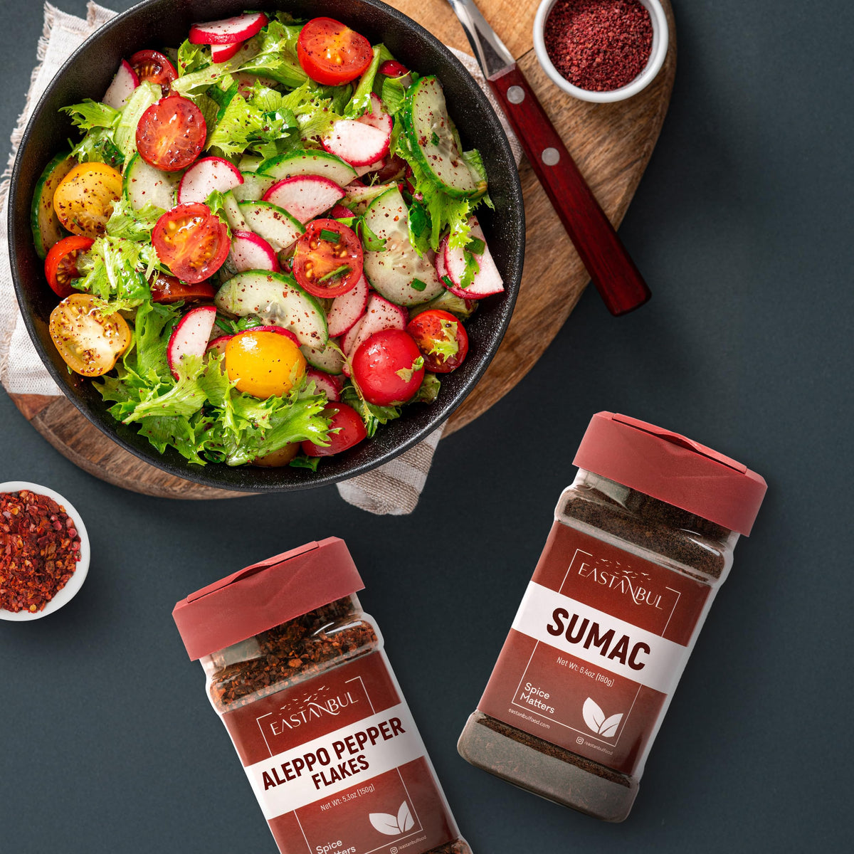 Eastanbul meats and salads receive flavor enhancement from the spice pair
