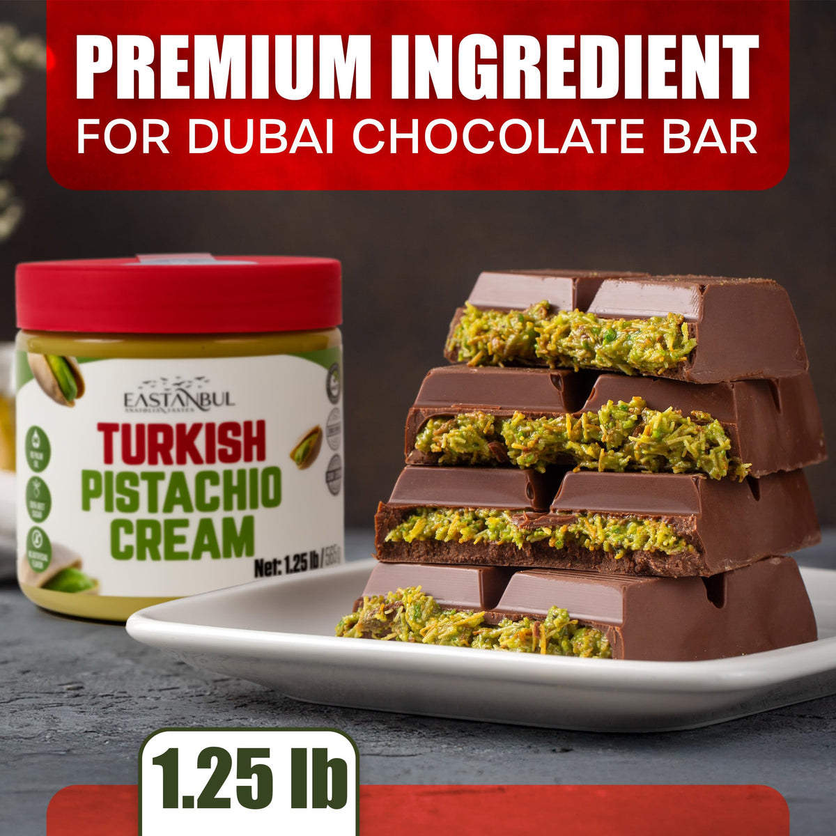 Eastanbul Pistachio Cream close-up, showing premium Turkish pistachios.