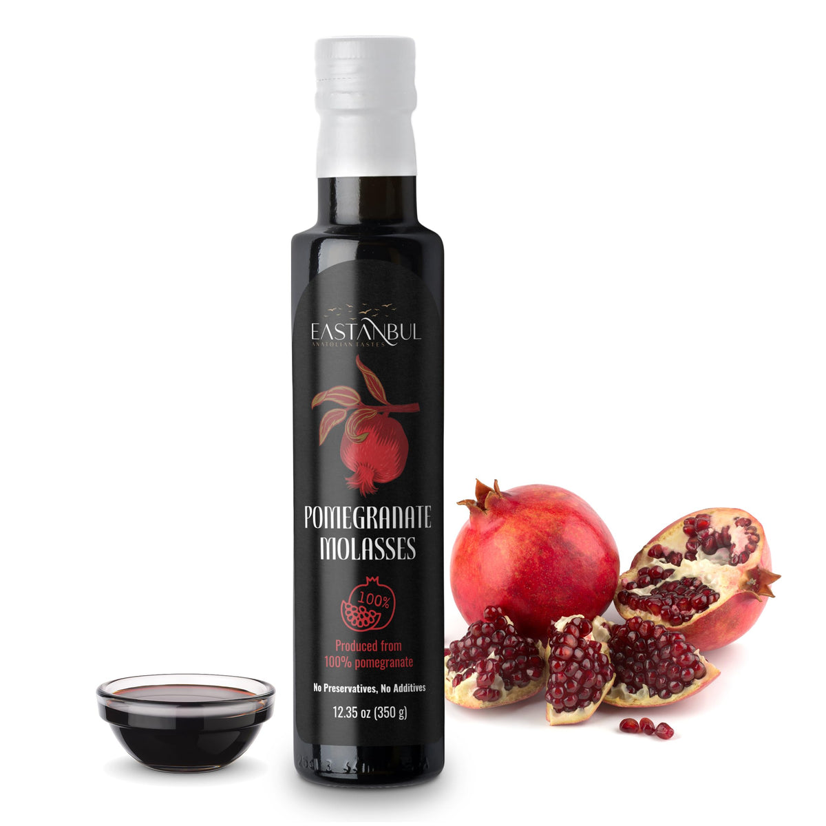 Eastanbul Pomegranate Molasses bottle front view for vibrant dressings.