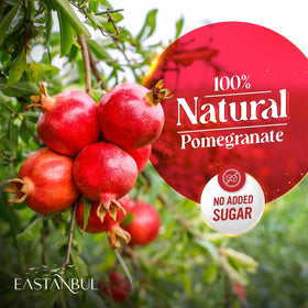 Eastanbul Pomegranate Molasses bottle side view highlighting premium glass packaging.