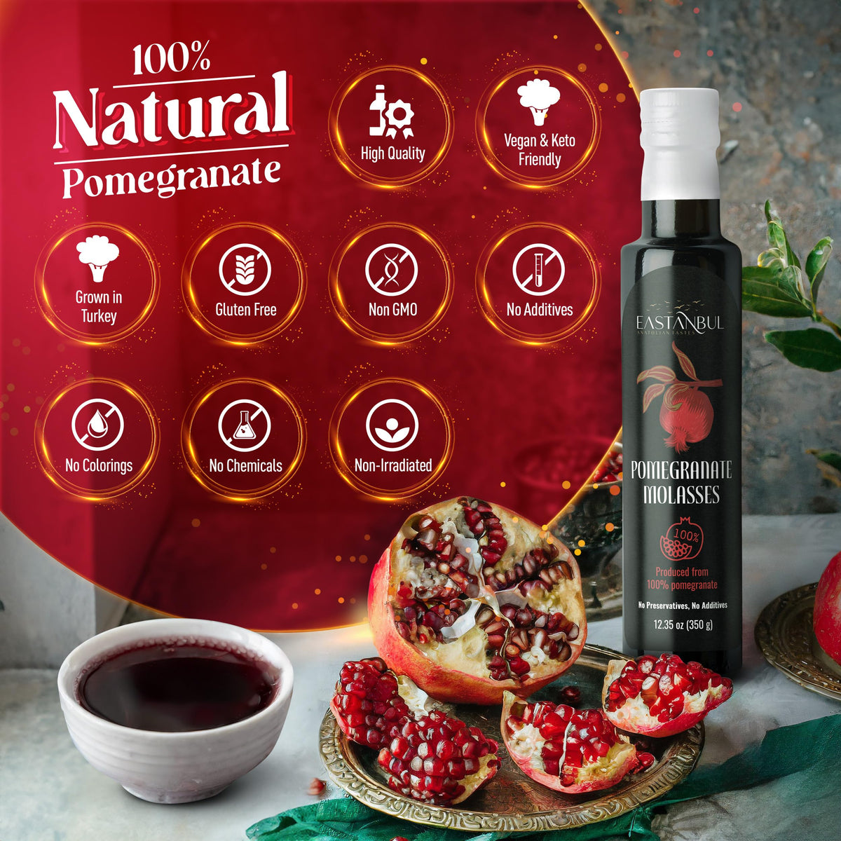 Eastanbul Pomegranate Molasses used as dressing in a fresh salad bowl.
