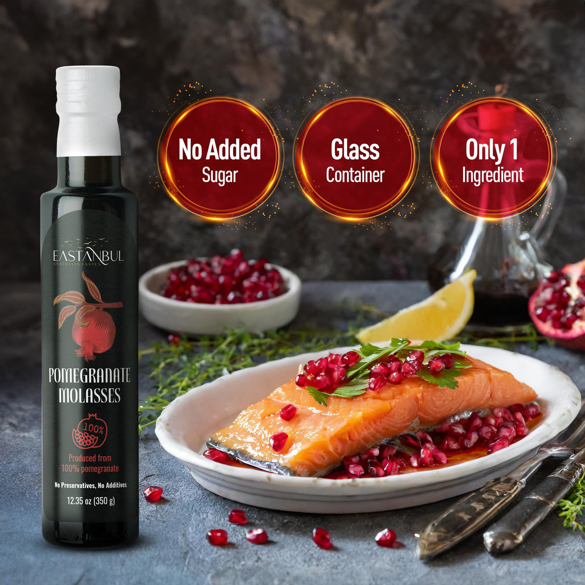 Eastanbul Pomegranate Molasses poured over salad for tangy-sweet flavor.