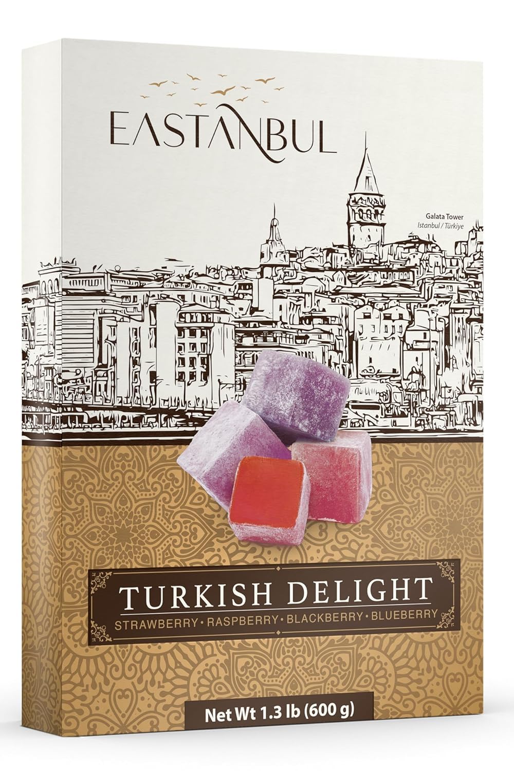 Eastanbul Turkish Delight berry mix pack close-up, soft chewy texture ideal with tea.