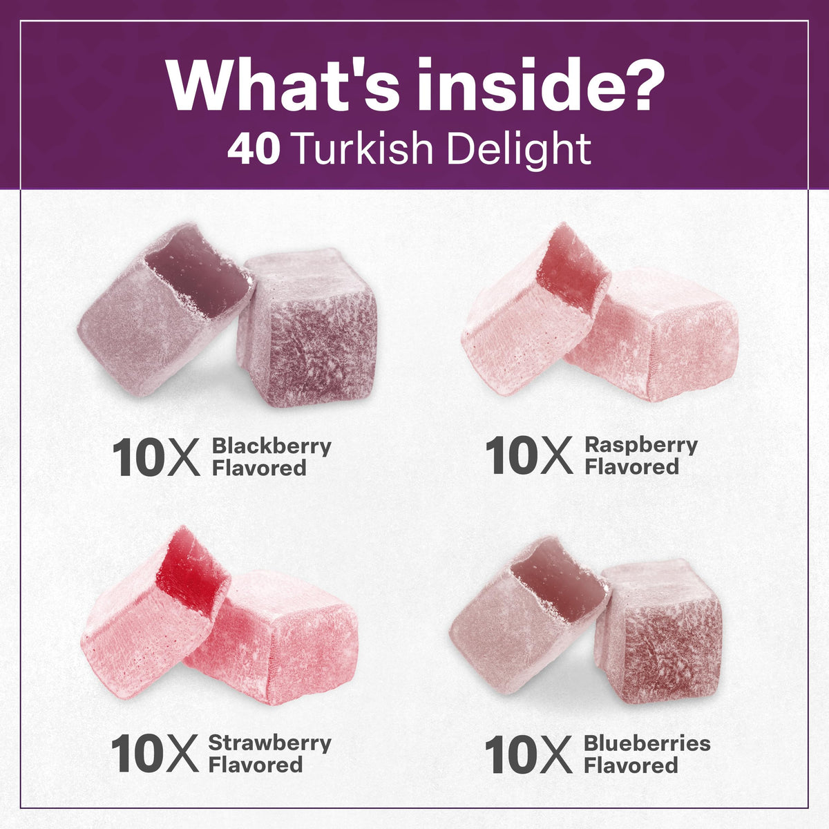 Eastanbul Turkish Delight blackberry-flavor close-up, rich berry sweetness and soft bite.