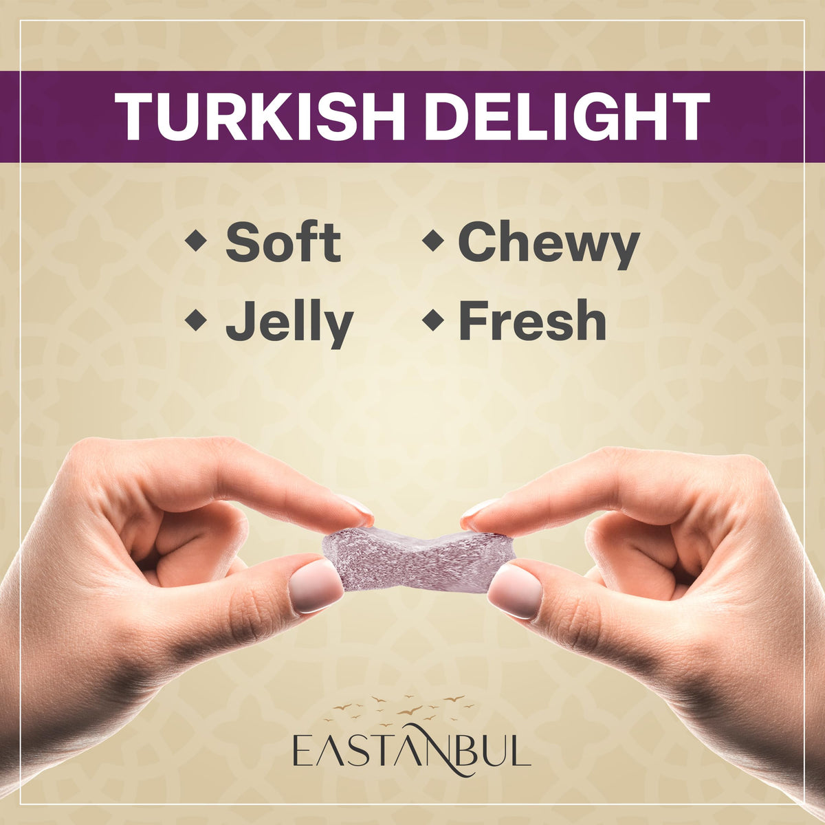 Eastanbul Turkish Delight strawberry-flavor close-up, vibrant fruit notes with a melt-in-mouth feel.