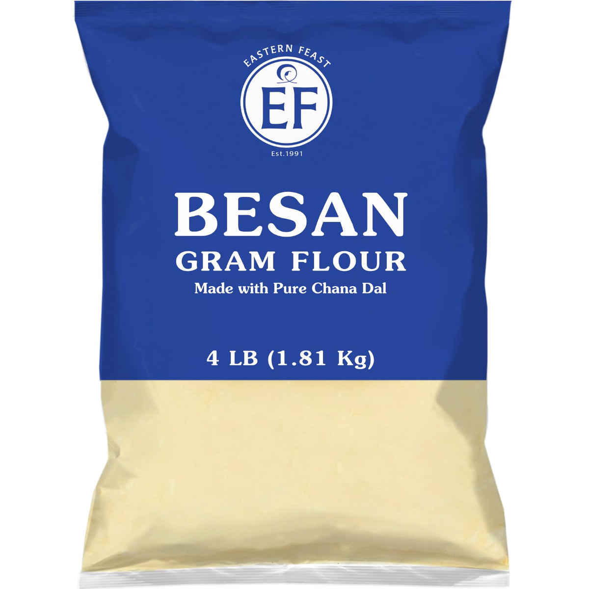 Eastern Feast Besan bag shows fine gram flour for gluten-free cooking.