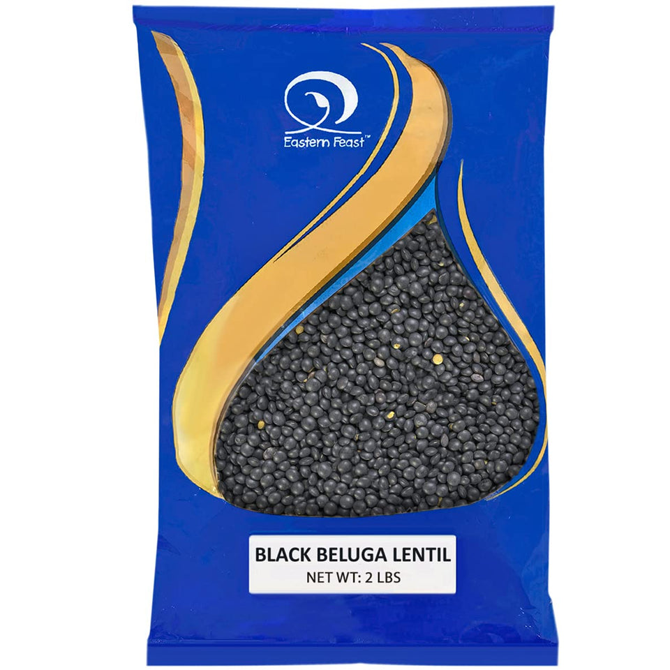 Eastern Feast Black Beluga Lentils pack shot, protein-rich pantry staple for hearty sides.