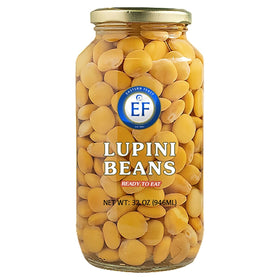 Eastern Feast Lupini beans in a glass jar, ready to eat as a quick snack.