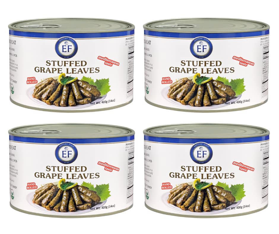 Eastern Feast stuffed grape leaves, hand-rolled and tender, ready for quick Mediterranean bites.