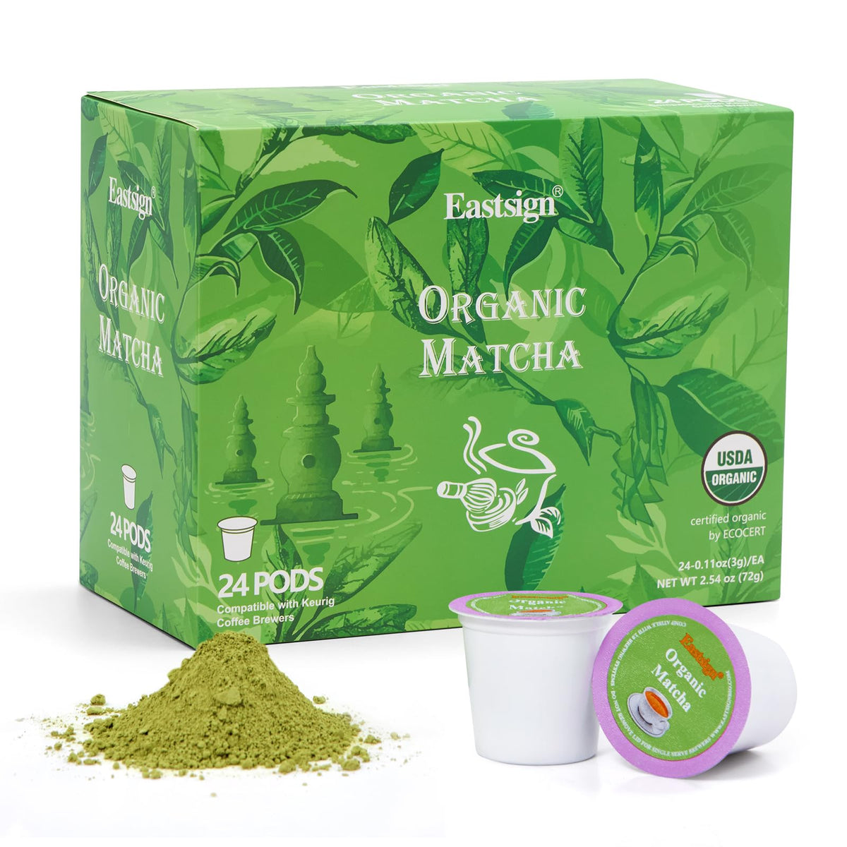 Eastsign Matcha K Cup box front for easy home brewing.