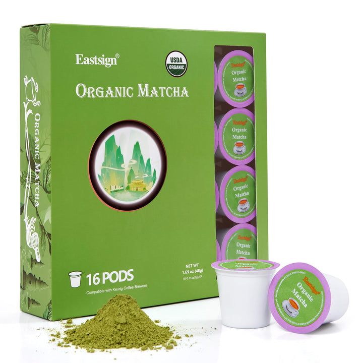 Eastsign Matcha K Cups 16-pack box for quick, convenient home brewing.