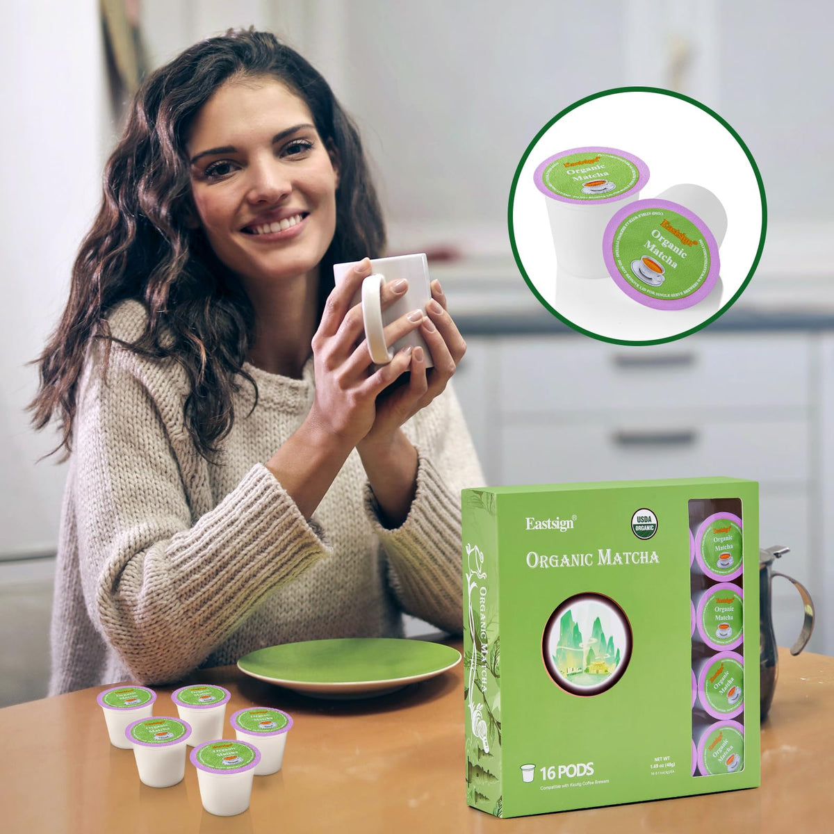 Eastsign Matcha K Cups latte ready, creamy matcha texture at your fingertips.