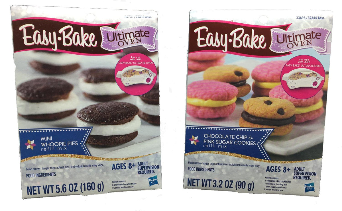 Easy Bake refill pack for chocolate chip and pink sugar cookies with mini whoopie pies; quick kid-friendly treats.