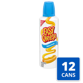 Easy Cheese 12-pack 8oz cans displayed for bulk pantry convenience.