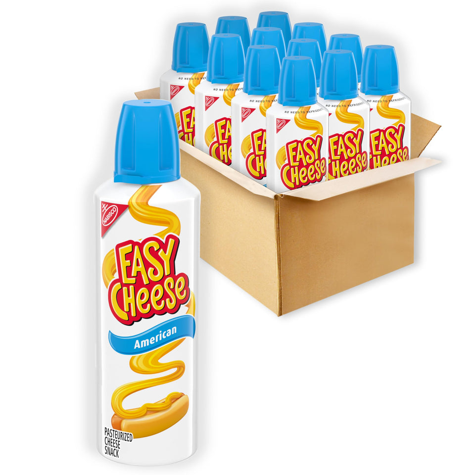 Easy Cheese American cheese spray can close-up for a convenient on-the-go snack.
