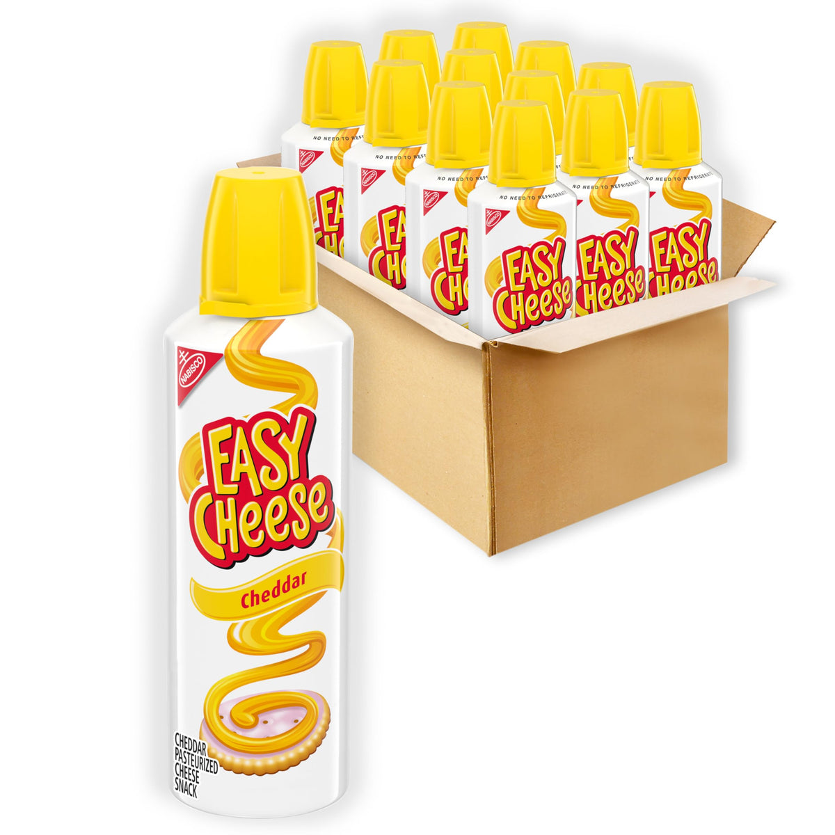 EASY CHEESE cheddar spray can close-up for quick cracker toppings.
