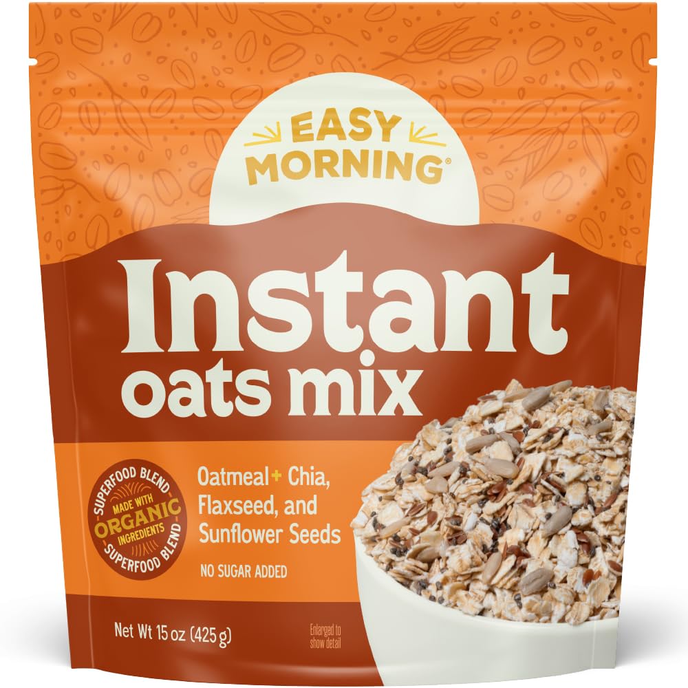 Easy Morning Instant Oatmeal Mix packaging shows organic ingredients and no sugar added