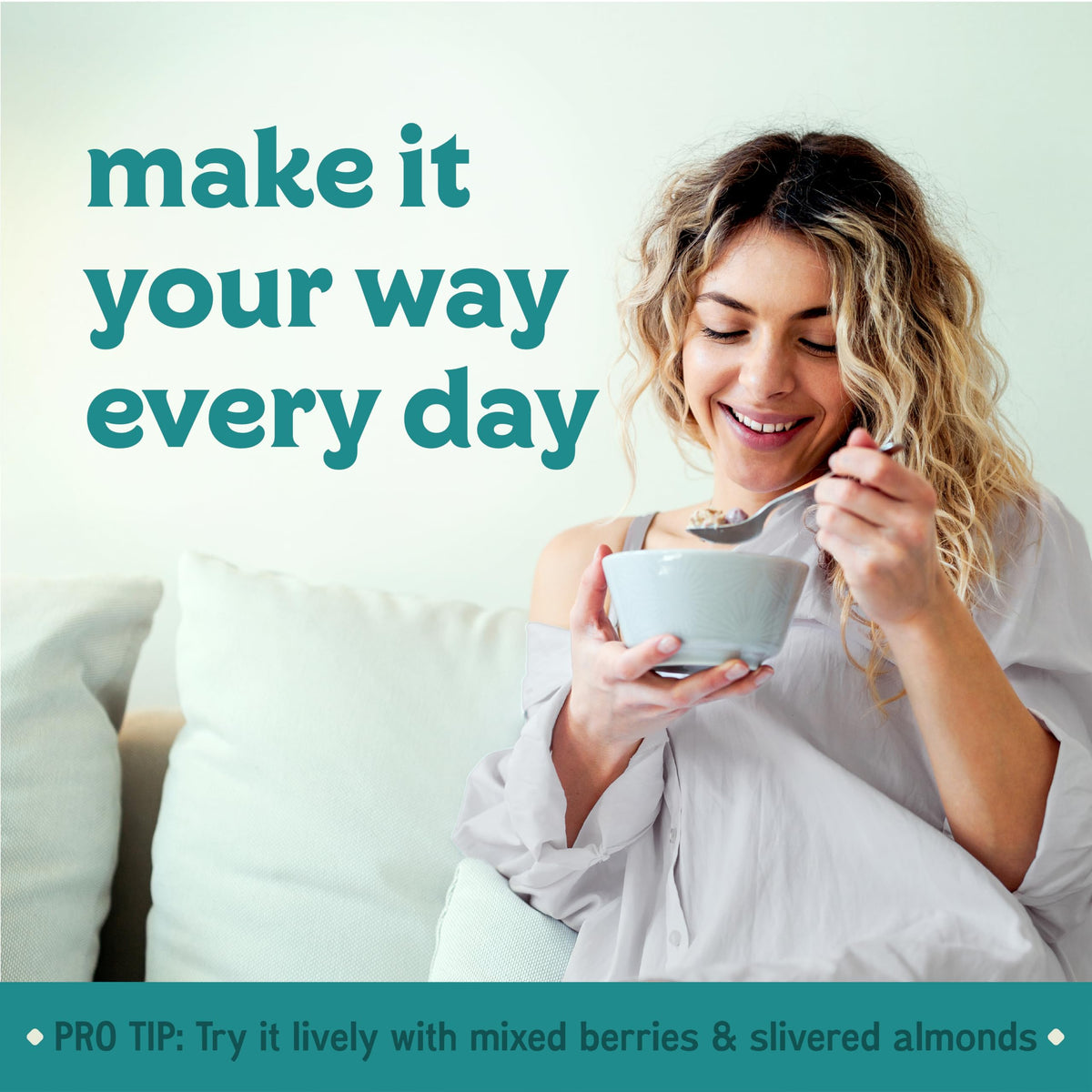 Easy Morning measuring spoon in bowl suggests easy portioning for mornings.