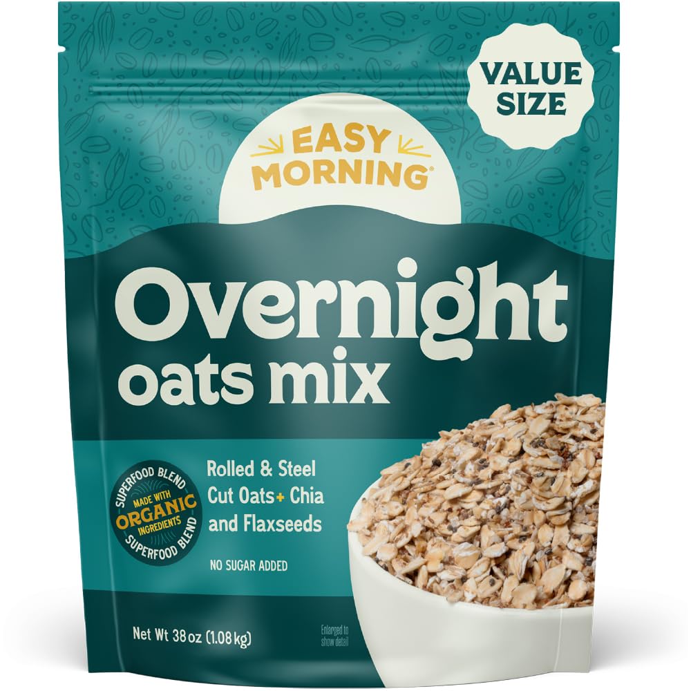 Easy Morning overnight oatmeal packaging highlighting organic ingredients for a ready-to-soak breakfast.