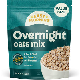 Easy Morning overnight oatmeal packaging highlighting organic ingredients for a ready-to-soak breakfast.