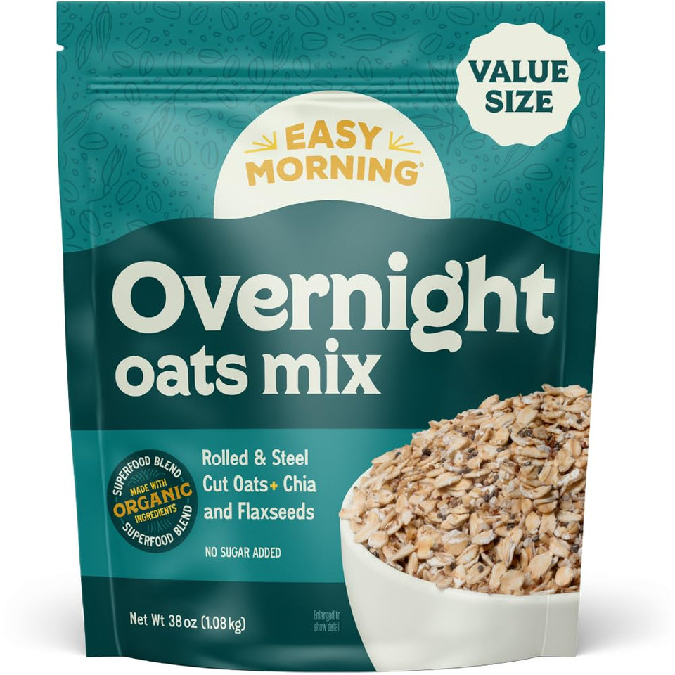 Easy Morning overnight oatmeal packaging highlighting organic ingredients for a ready-to-soak breakfast.
