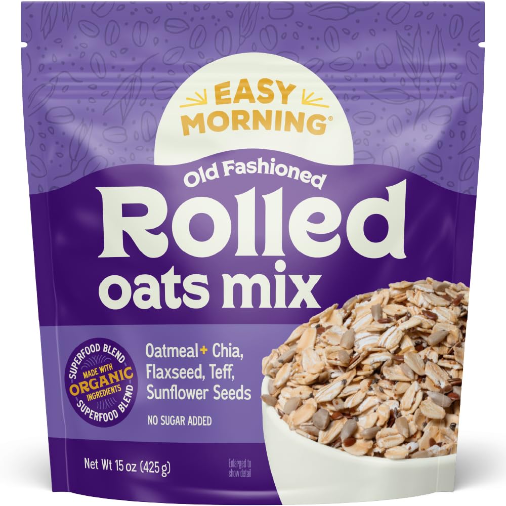 Easy Morning rolled oatmeal mix in packaging with organic seeds for wholesome breakfasts.