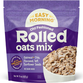 Easy Morning rolled oatmeal mix in packaging with organic seeds for wholesome breakfasts.