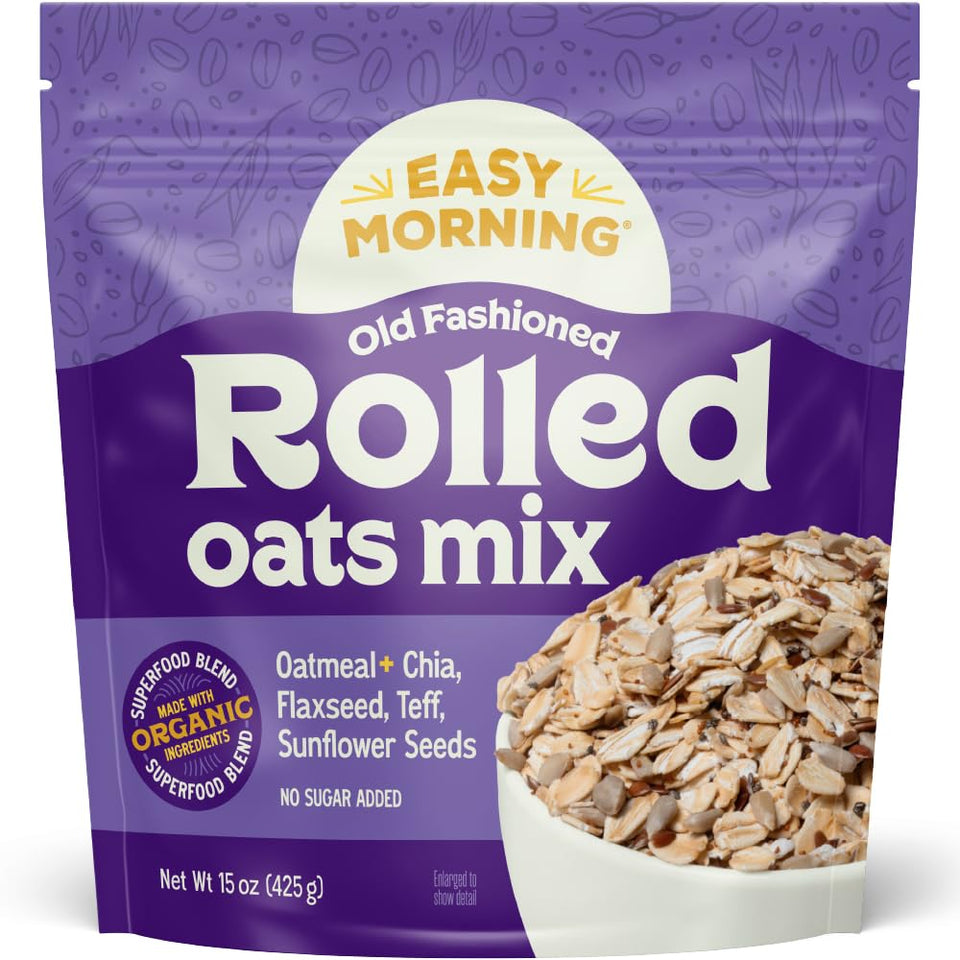 Easy Morning rolled oatmeal mix in packaging with organic seeds for wholesome breakfasts.