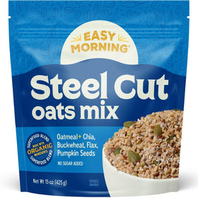 Easy Morning Steel Cut Oatmeal Mix pour — organic oats for a hearty breakfast.