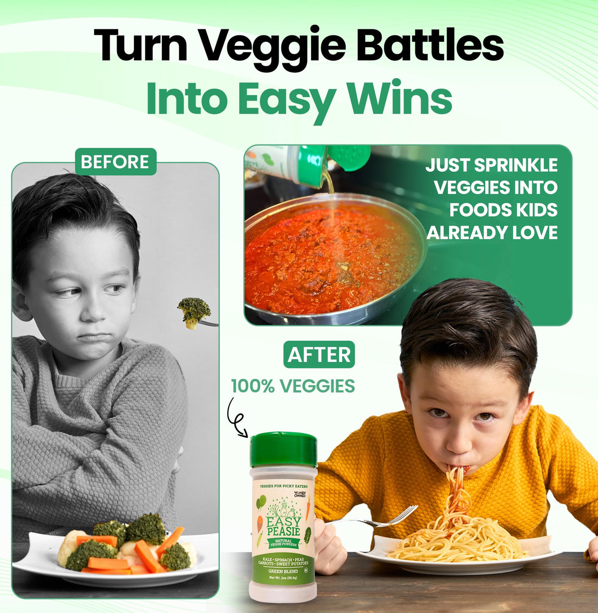 EasyPeasie Green scoop illustrating kid-friendly veggie powder for smoothies