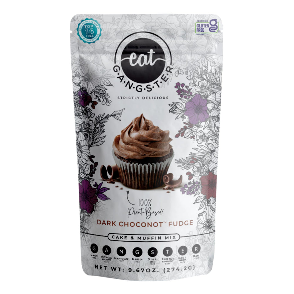 Eat G.A.N.G.S.T.E.R. dark choconot fudge cake mix front label; grain-free and allergy-friendly.