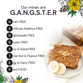Eat Gangster gluten-free baking mix bag emphasizes allergen-friendly ingredients.