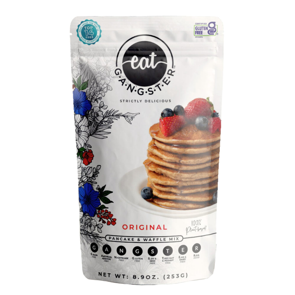Eat G.A.N.G.S.T.E.R. vegan pancake mix packaging highlights allergen-friendly ingredients.