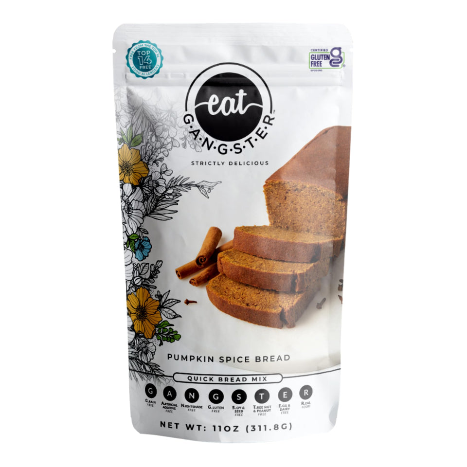 eat G.A.N.G.S.T.E.R. pumpkin bread mix box highlights grain-free, paleo-friendly baking.