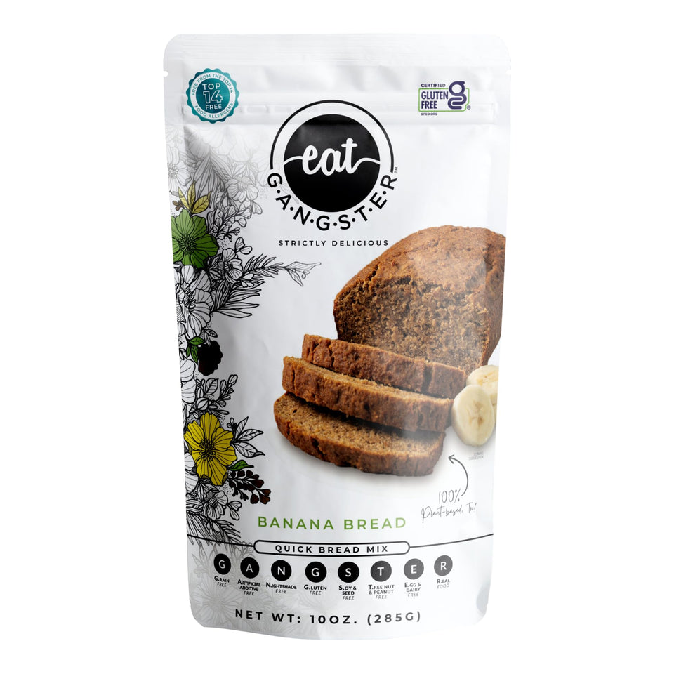 Eat Gangster vegan banana bread mix packaging shows grain-free, dairy-free convenience.