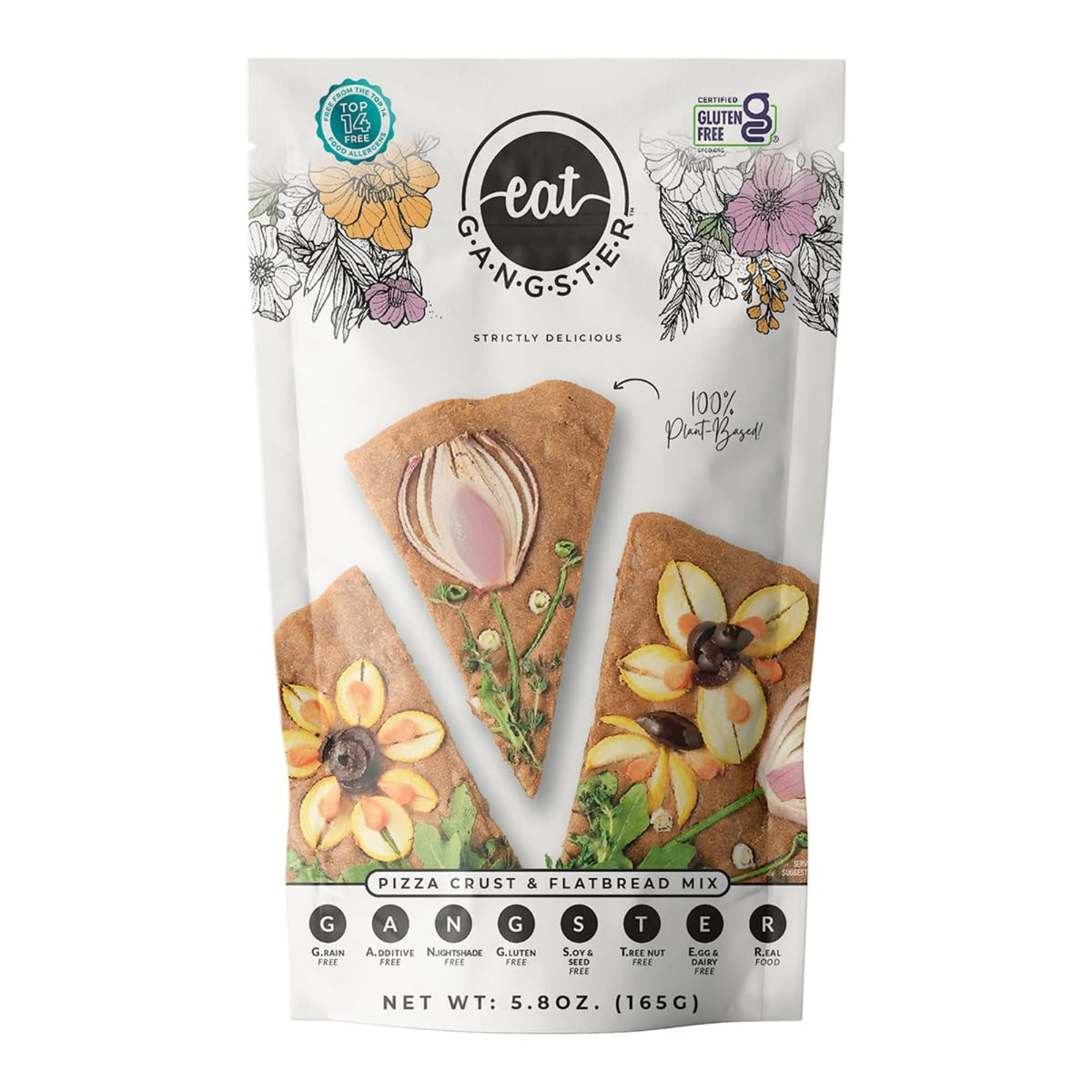 eat G.A.N.G.S.T.E.R. vegan pizza crust packet on the counter for quick grain-free baking.